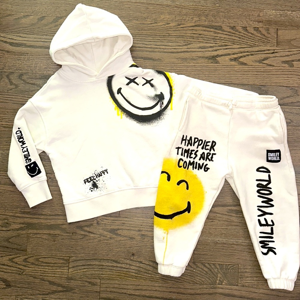 Zara Boys Like New SMILEY WORLD Happy Kid Matching Sweat Outfit Hoodie Set 6